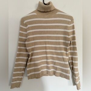 Striped Tan and White Turtleneck Sweater